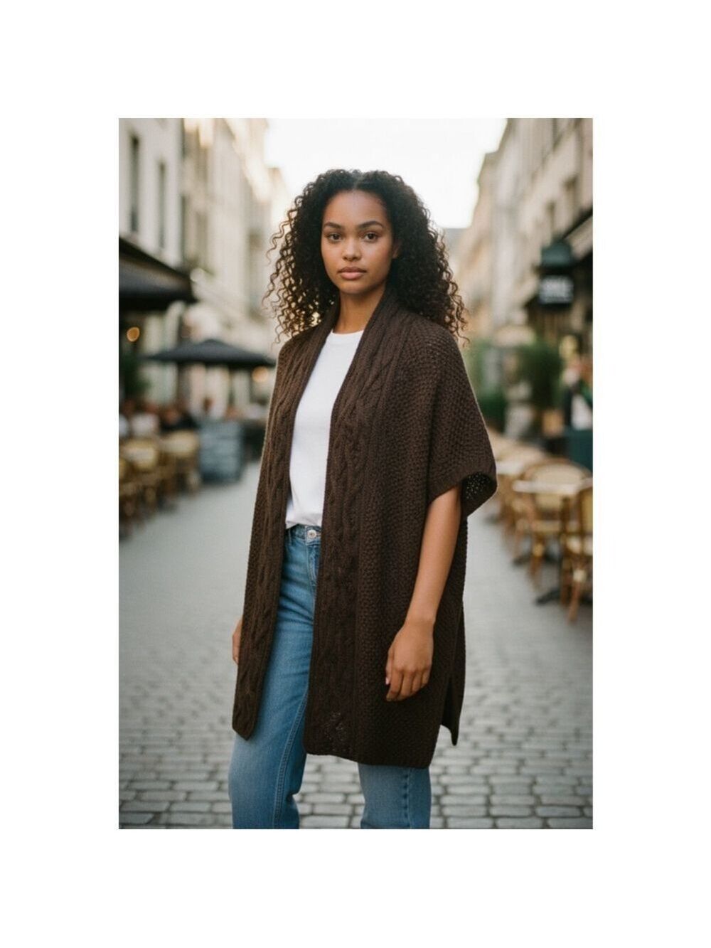 Studio M Brown Cable Knit Open Cardigan Sweater Size L